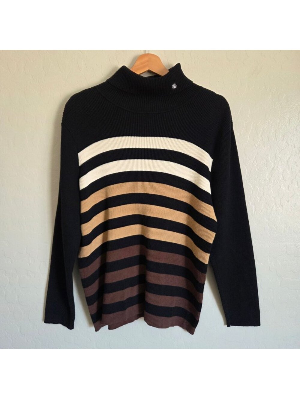 Ralph Lauren Black Cream Tan Brown Striped Turtleneck Sweater